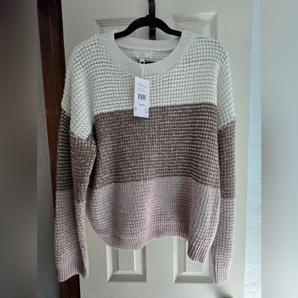 Dry Goods Colorblock Crew Sweater in Cream, Brown & Blush